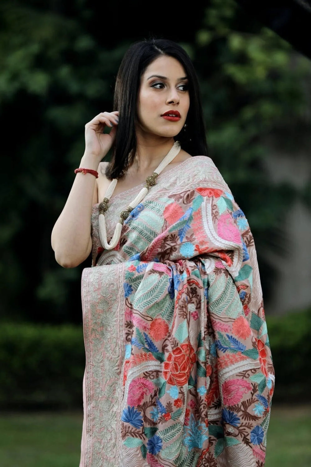 Pink Multi Colour Floral Jaal Embroidered Saree