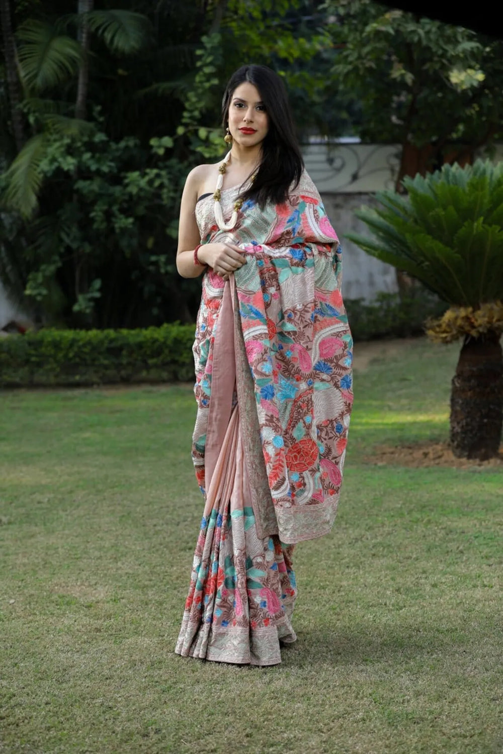 Pink Multi Colour Floral Jaal Embroidered Saree