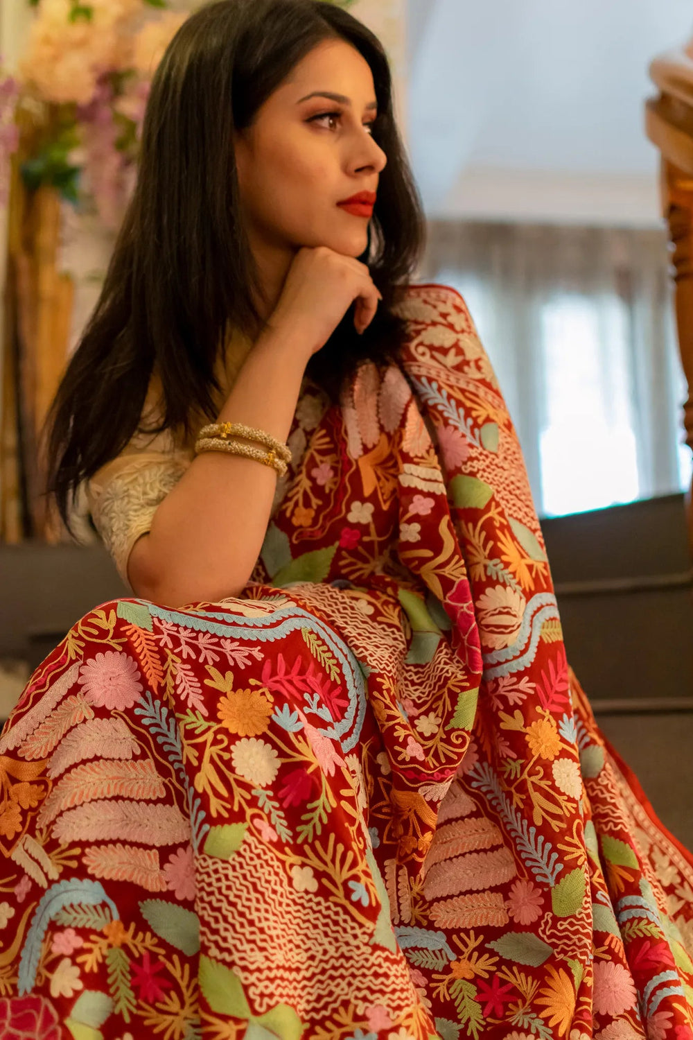 Red Floral Jaal Embroidered Saree