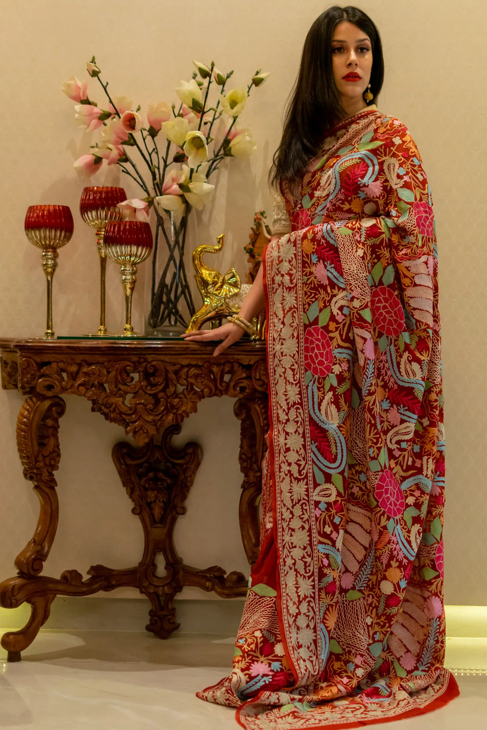 Red Floral Jaal Embroidered Saree