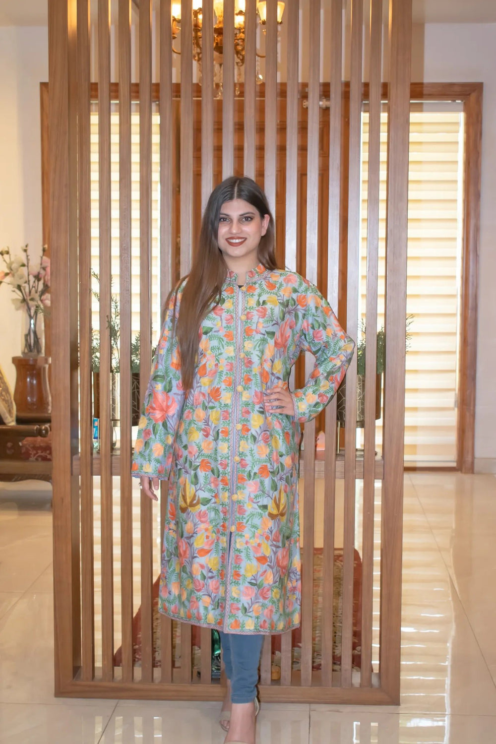 Sky Blue Floral Jaal Embroidered Coat