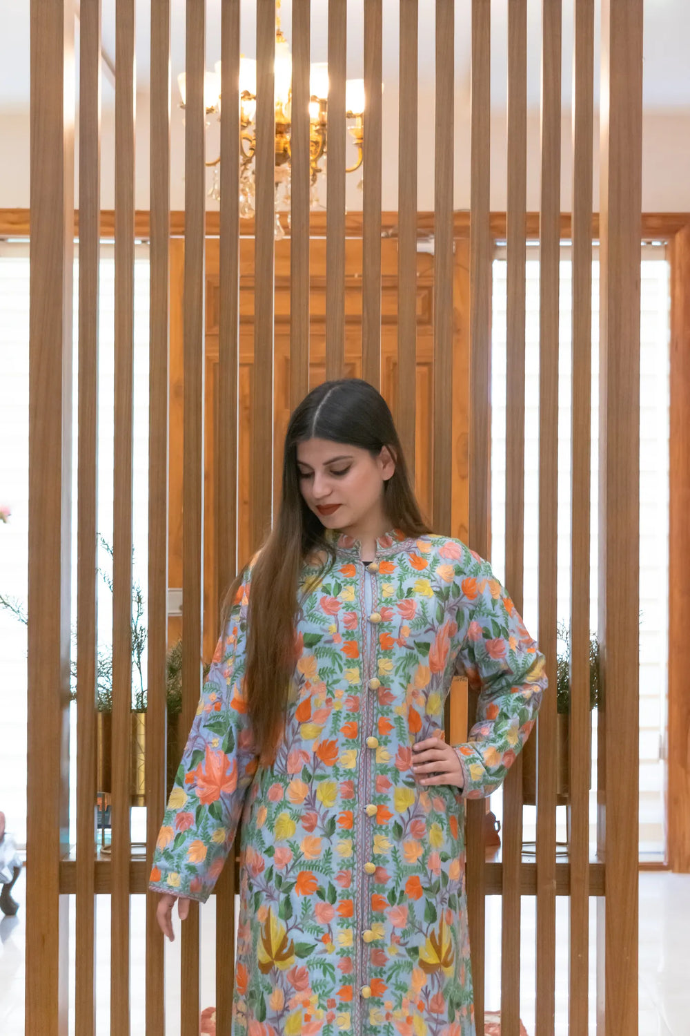 Sky Blue Floral Jaal Embroidered Coat