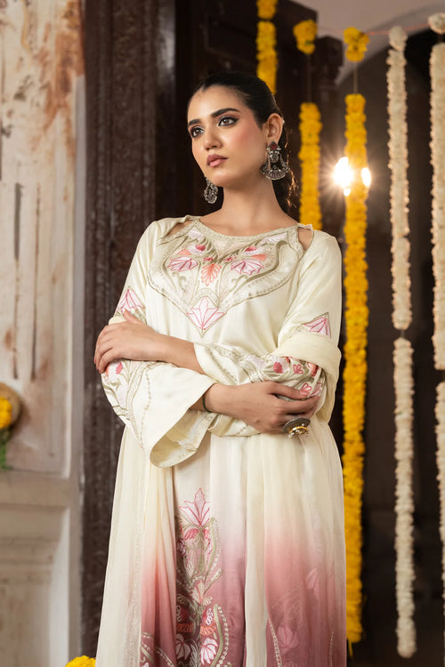 #OmbreCream&Mauve Woman wearing a traditional embroidered outfit with a decorative background
