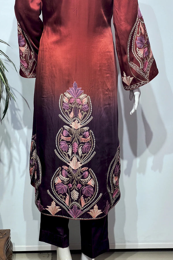 #OmbreWine&Purple Traditional outfit with intricate embroidery on a white background