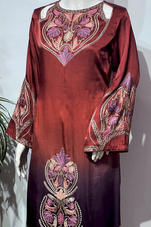 #OmbreWine&Purple Red dress with intricate floral embroidery on a white background