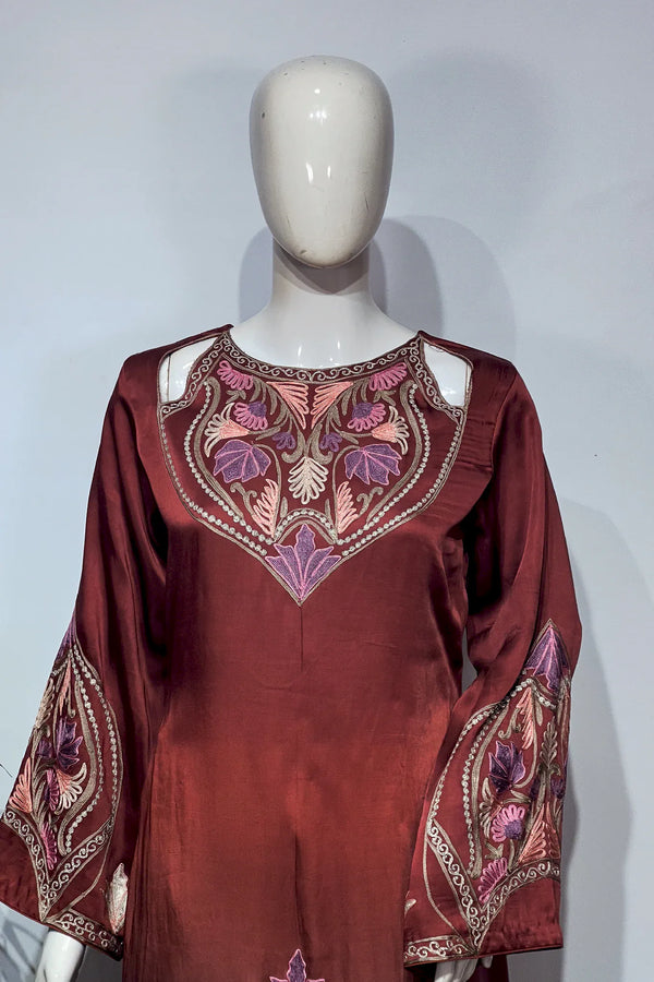 #OmbreWine&Purple Maroon embroidered dress on a mannequin against a white background