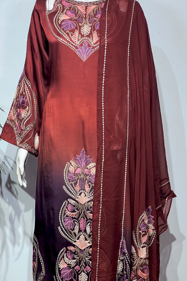 #OmbreWine&Purple Red embroidered dress on a mannequin against a white background