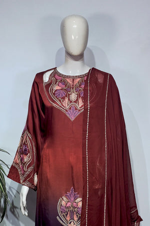 #OmbreWine&Purple Red embroidered dress on a mannequin against a white background