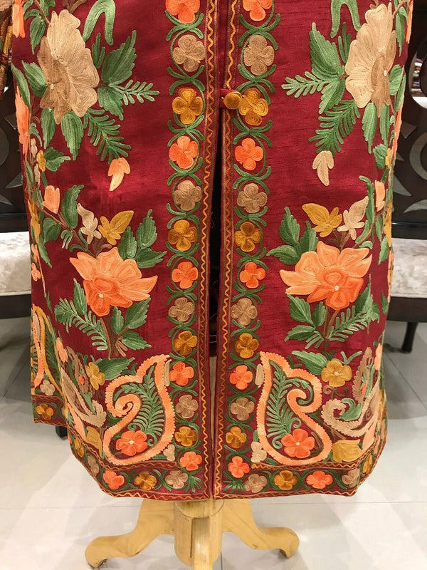 Red Kashmiri Long Bohemian Coat with Floral Jaal Aari Embroidery