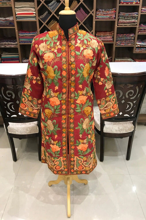 Red Kashmiri Long Bohemian Coat with Floral Jaal Aari Embroidery