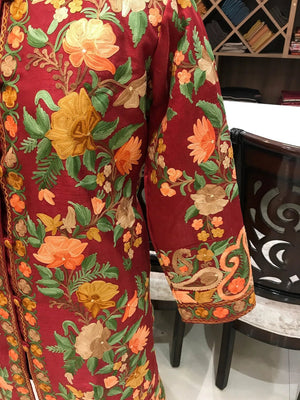 Red Kashmiri Long Bohemian Coat with Floral Jaal Aari Embroidery