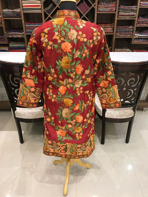 Red Kashmiri Long Bohemian Coat with Floral Jaal Aari Embroidery