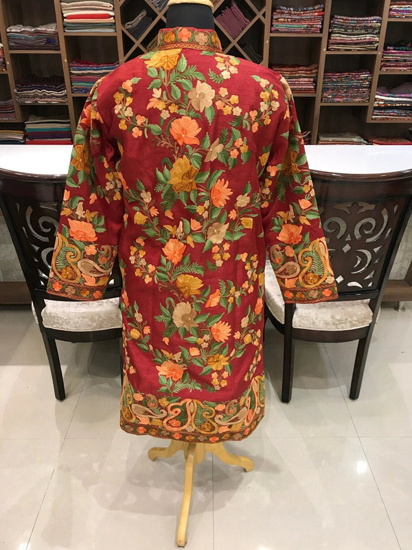 Red Kashmiri Long Bohemian Coat with Floral Jaal Aari Embroidery