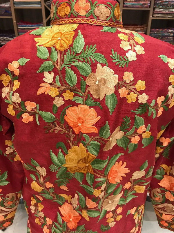 Red Kashmiri Long Bohemian Coat with Floral Jaal Aari Embroidery