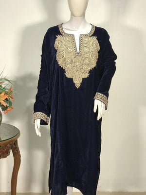 Flowy Navy Blue Velvet Phiran with Tilla Embroidery