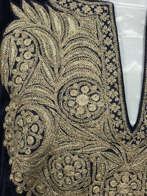 Flowy Navy Blue Velvet Phiran with Tilla Embroidery