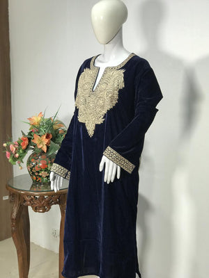 Flowy Navy Blue Velvet Phiran with Tilla Embroidery
