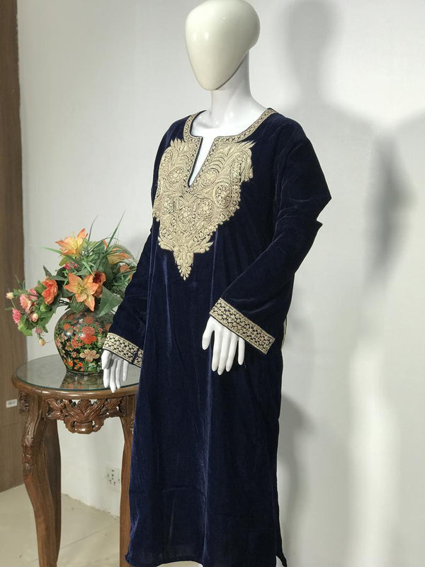 Flowy Navy Blue Velvet Phiran with Tilla Embroidery