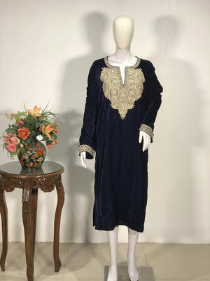 Flowy Navy Blue Velvet Phiran with Tilla Embroidery 2
