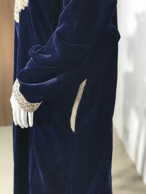 Flowy Navy Blue Velvet Phiran with Tilla Embroidery