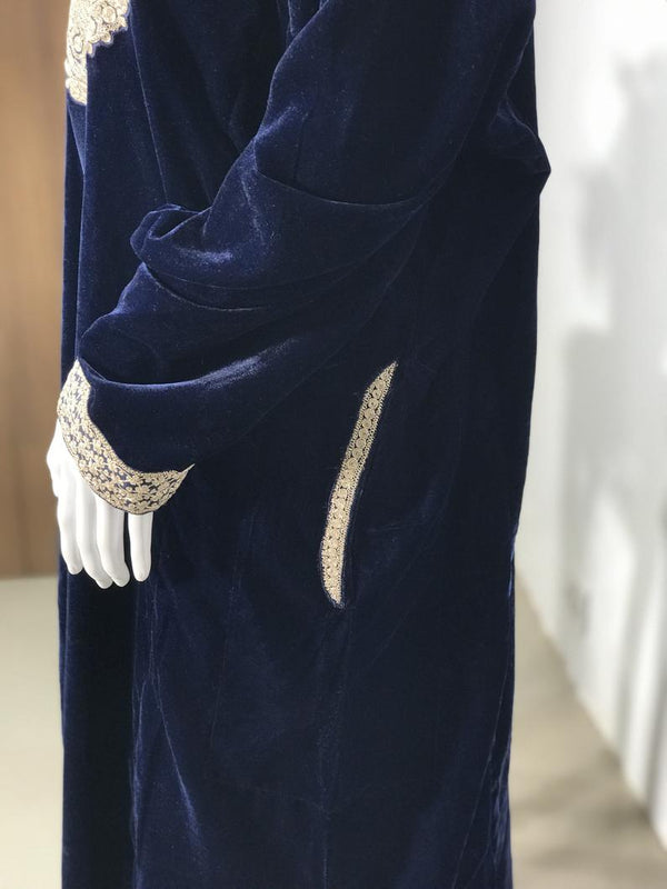 Flowy Navy Blue Velvet Phiran with Tilla Embroidery