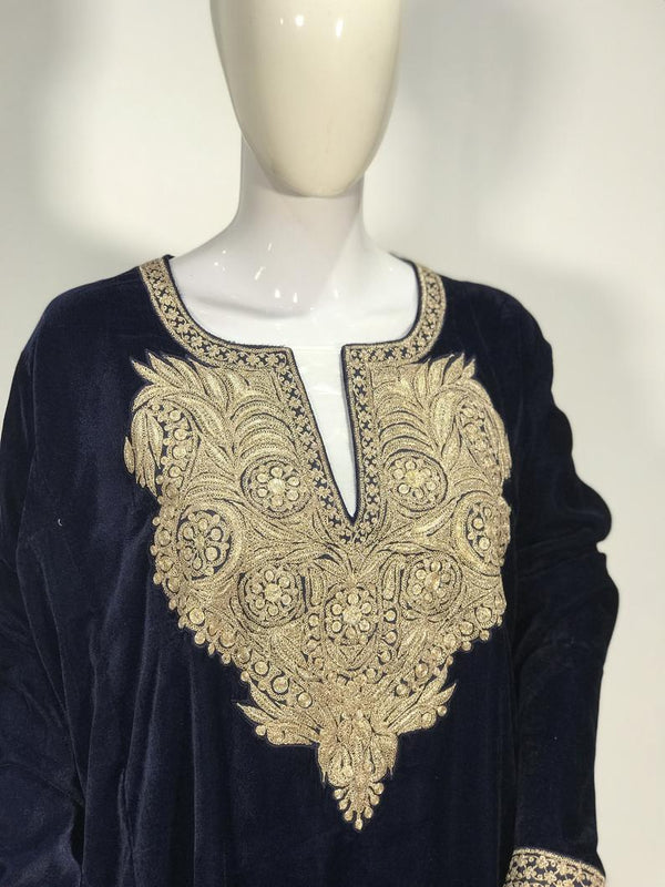 Flowy Navy Blue Velvet Phiran with Tilla Embroidery close up