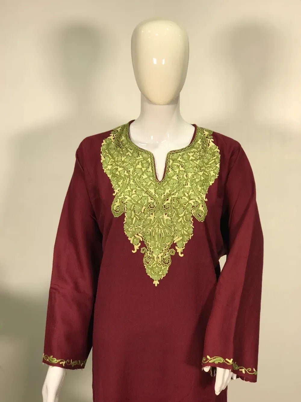 Maroon Woollen Phiran with Aari Embroidery
