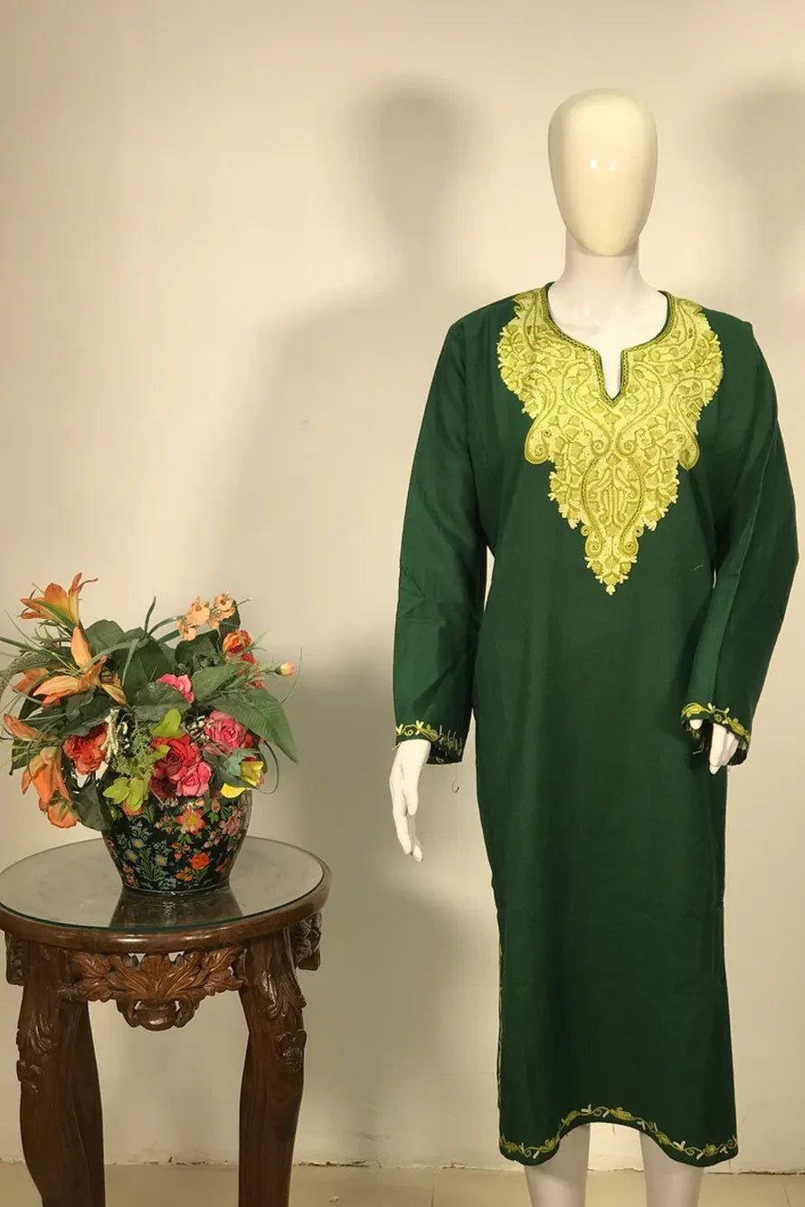 Bottle Green Woollen Phiran with Aari Embroidery