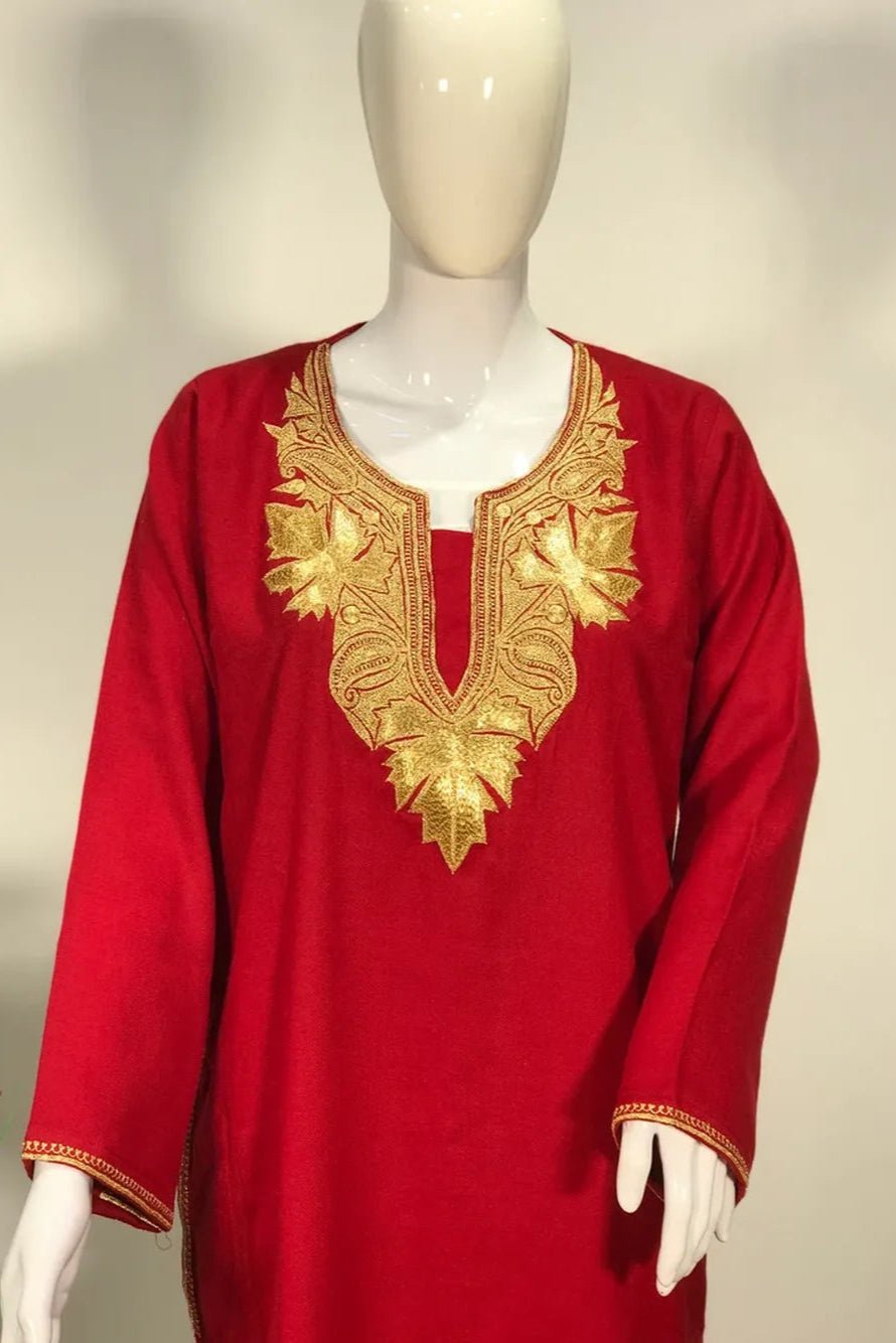 Red Pure Wool Phiran with Tilla Hand Embroidery