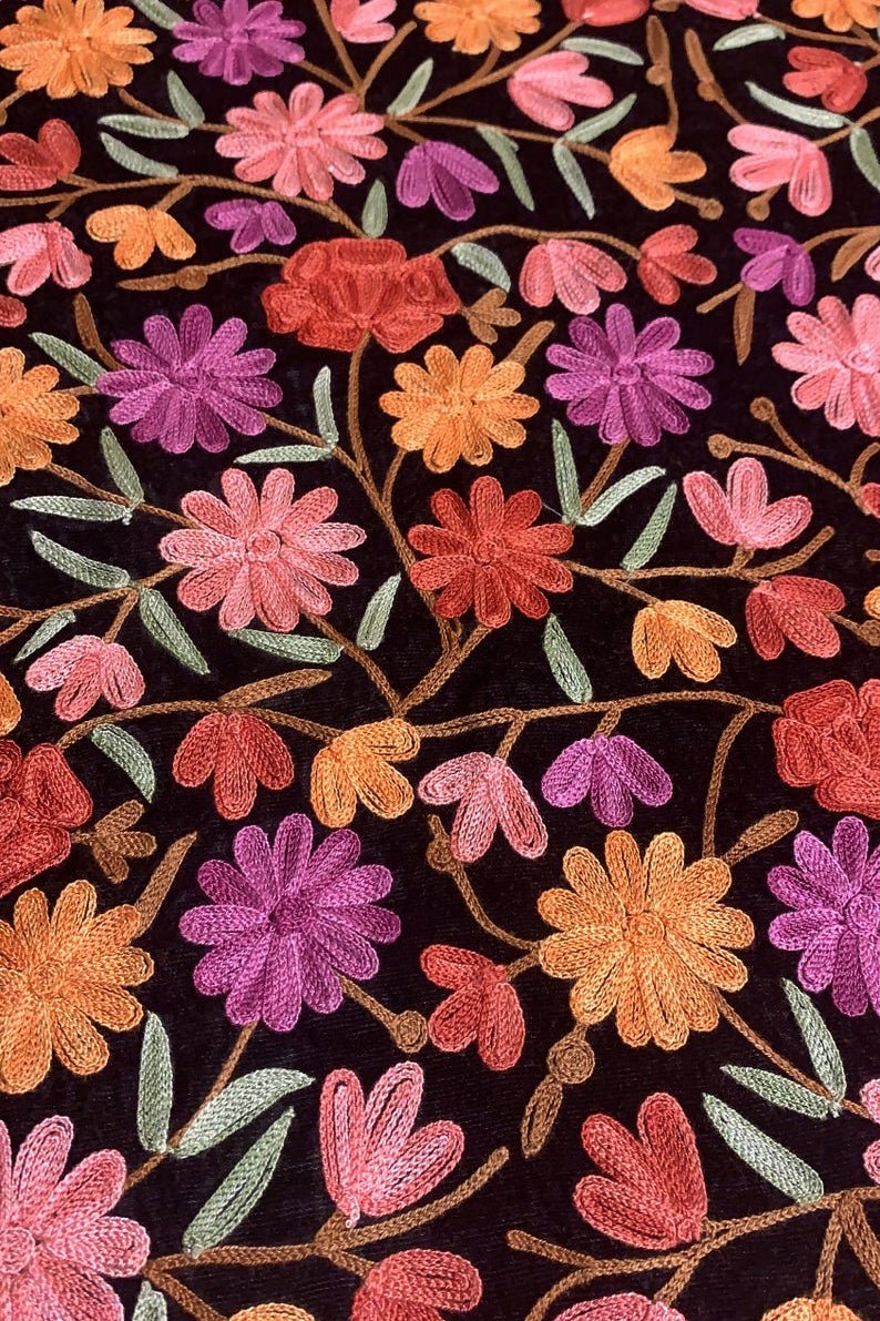 Dense Floral Embroidered DIY Black Velvet Fabric