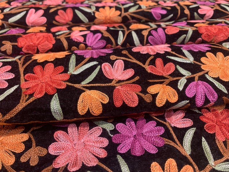 Dense Floral Embroidered DIY Black Velvet Fabric