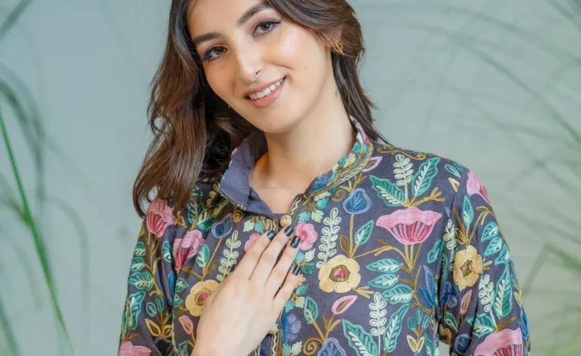 slate grey floral kashmiri aari embroidered long coat