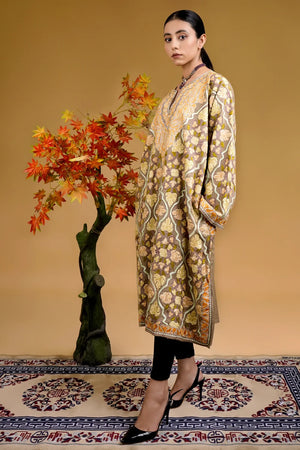Woollen Kashmiri Jaal Pattern Phiran with Aari and Tilla Embroidery
