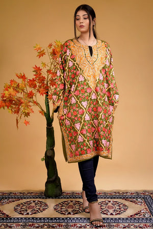 Woollen Kashmiri Jaal Pattern Phiran with Aari and Tilla Embroidery