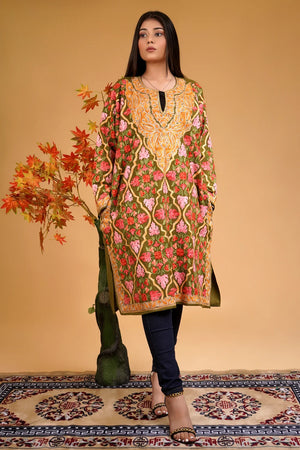 Woollen Kashmiri Jaal Pattern Phiran with Aari and Tilla Embroidery