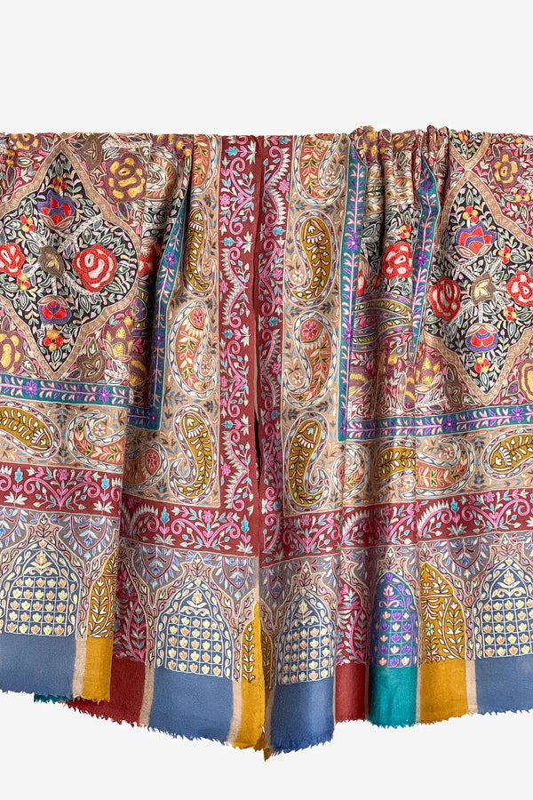 Pashmina shawl draped to show the full 40 × 80 inch spread and all-over embroidered surface