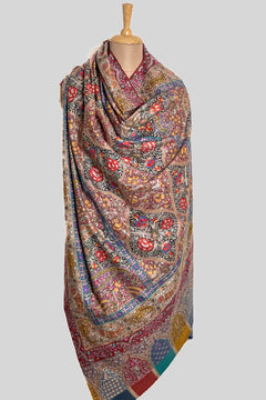 Full-length drape of the multi-colour hand-embroidered pashmina shawl showing overall embroidery distribution
