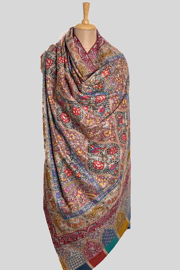 Full-length drape of the multi-colour hand-embroidered pashmina shawl showing overall embroidery distribution