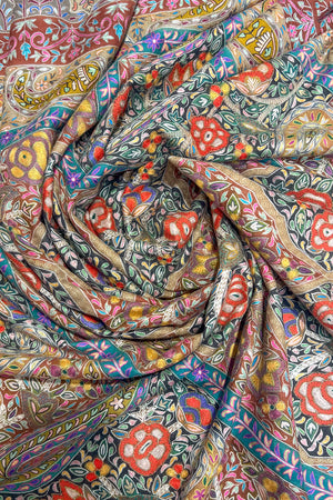 Close view of kalamkari and sozni needle embroidery motifs across the pashmina shawl surface