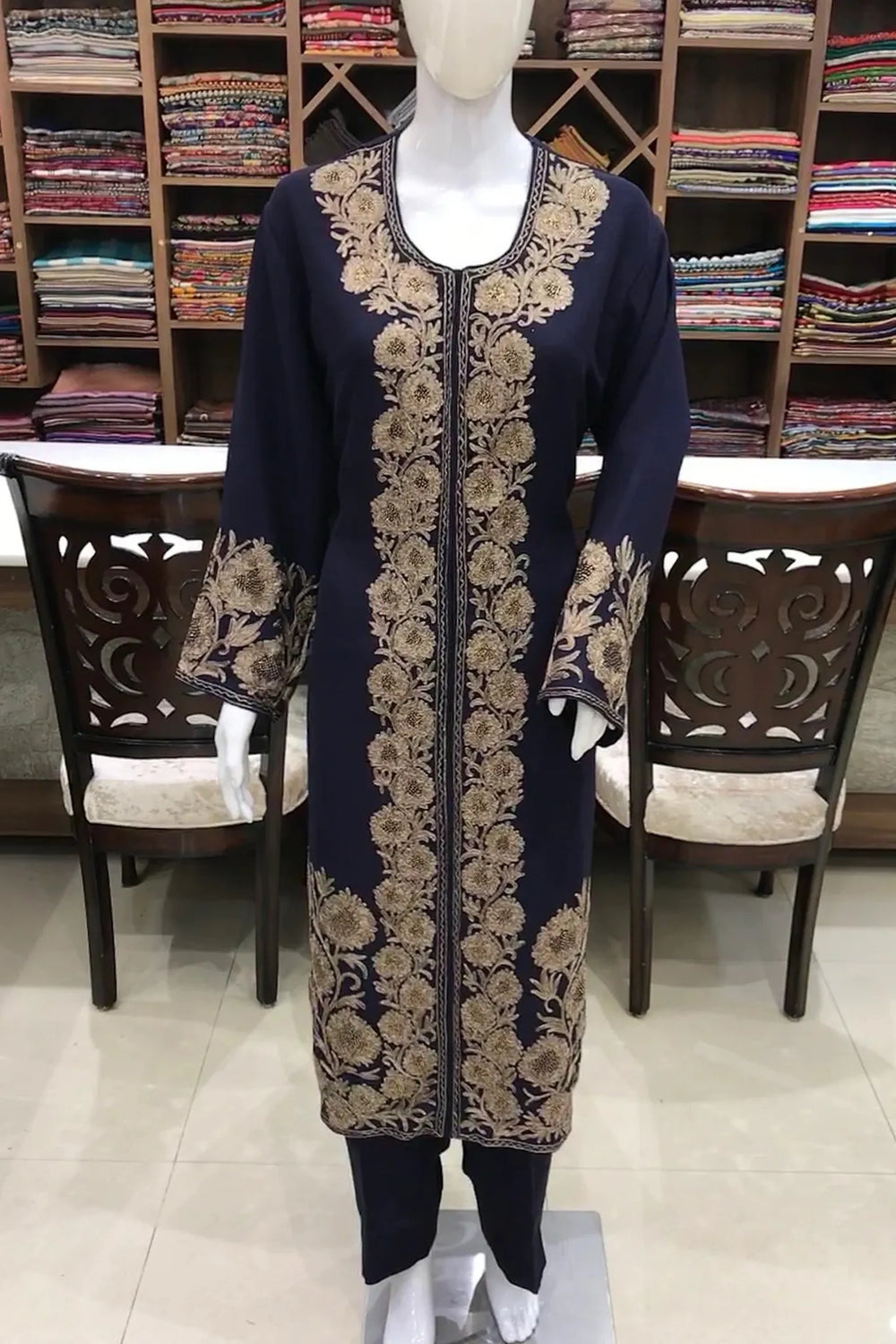 Achkan Style Swarovski and Silk Thread Work Kashmiri Suit