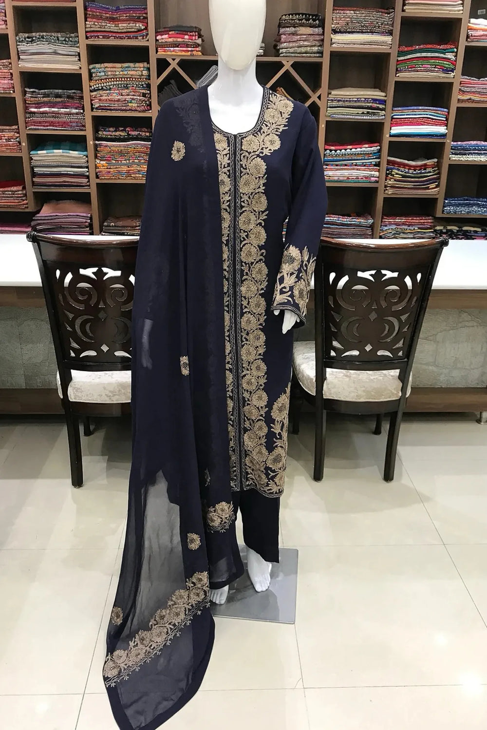 Achkan Style Swarovski and Silk Thread Work Kashmiri Suit