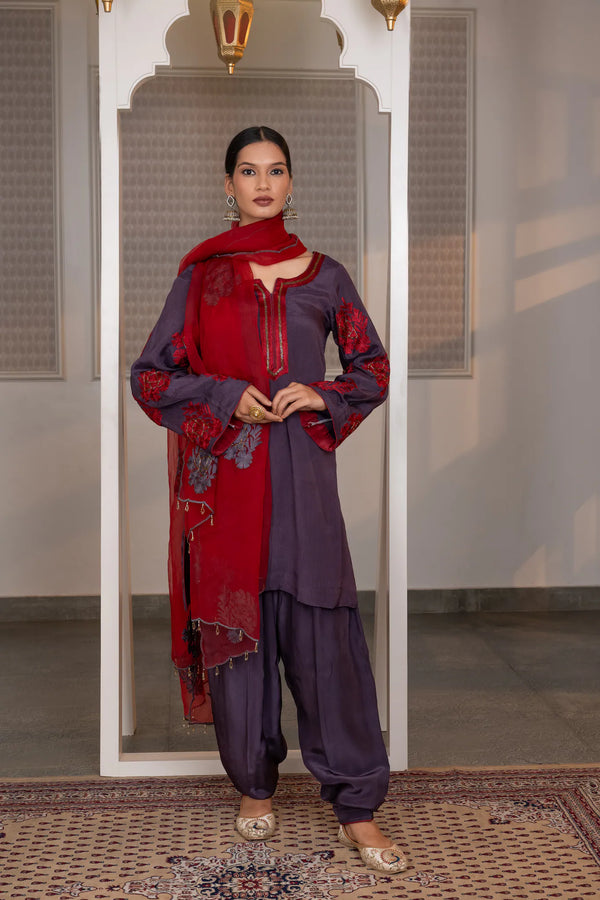#Mauve - Deep mauve Chinon kurta and salwar suit set with red Aari embroidered floral sleeves and crimson Semi Organza dupatta, Kashmiri embroidery