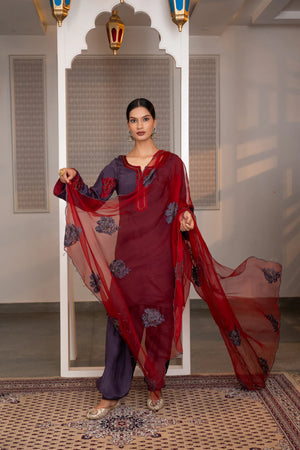 #Mauve - Full-length front view of mauve suit set with crimson Semi Organza dupatta held open showing scattered purple embroidered bouquets