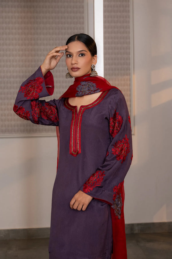#Mauve - Three-quarter close-up showing red floral embroidery clusters on sleeve and keyhole neckline Kardana trim detail