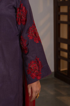 #Mauve - Close-up of flared sleeve showing dense red Aari floral bouquet clusters with metallic thread detailing on mauve Chinon fabric