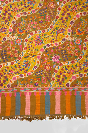 Corner detail of mustard Pashmina shawl with dense Kani floral motifs and woven border