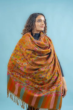Mustard Kani Pashmina shawl draped over shoulders, showing full width and length