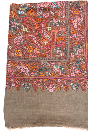 Beaver Pure Pashmina Shawl with All Over Papier Mache Hand Embroidery
