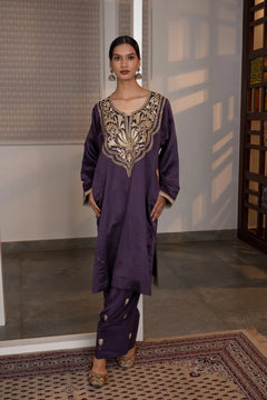 #Mauve - Full-length front view of purple linen satin kurta and salwar set with gold embroidered yoke and slim cuff border.
