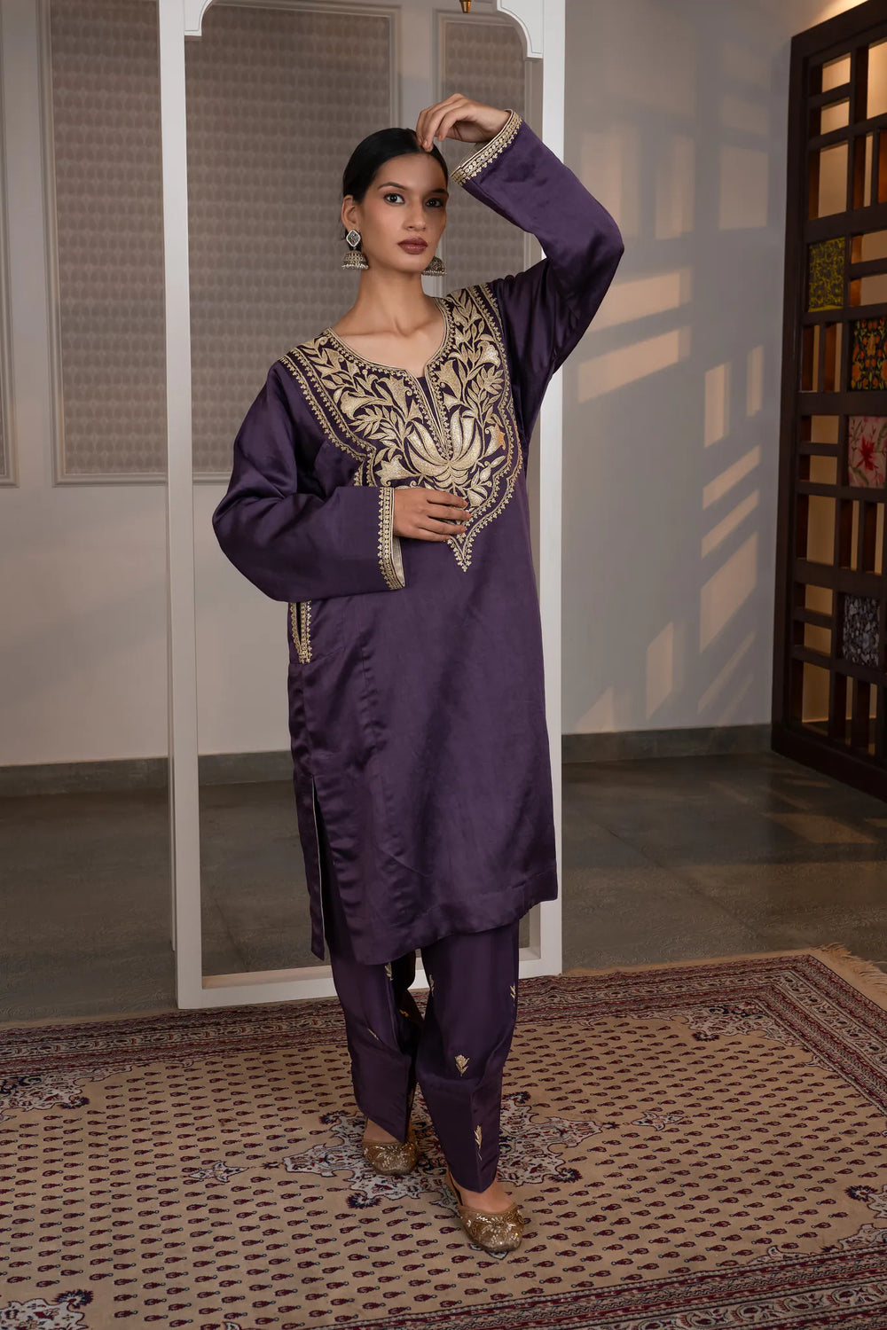 #Mauve - Full-length front view of purple linen satin kurta and salwar set with gold embroidered yoke and slim cuff border.